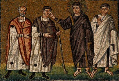 Исцеление двух слепцов. Мозаика. Церковь Сант-Аполлинаре-Нуово, Равенна, Италия